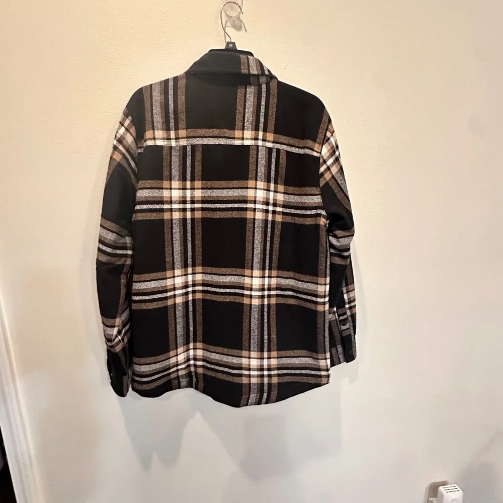George Mens Black Ivory Plaid Quilted Lined Flannel‎ Shirt Jacket Shacket S NEW